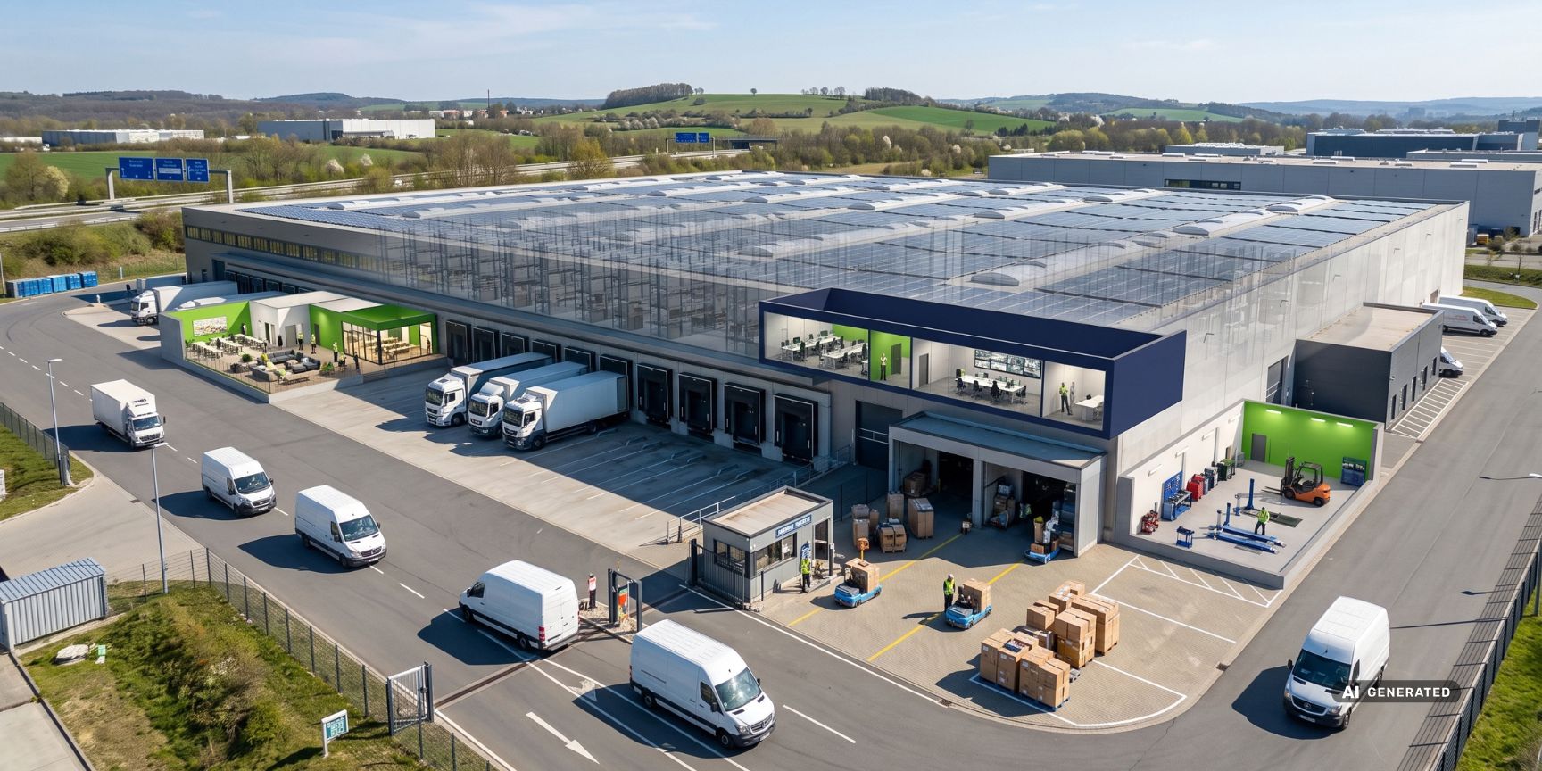 Exterior view of a modern logistics property in Dortmund as a returns hub. Sustainable warehouse with solar roof and loading gates for delivery vans.